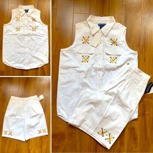 Vintage Nautical ‘Bay Club’ White Denim HighWaist Shorts & Sleeveless Blouse Set